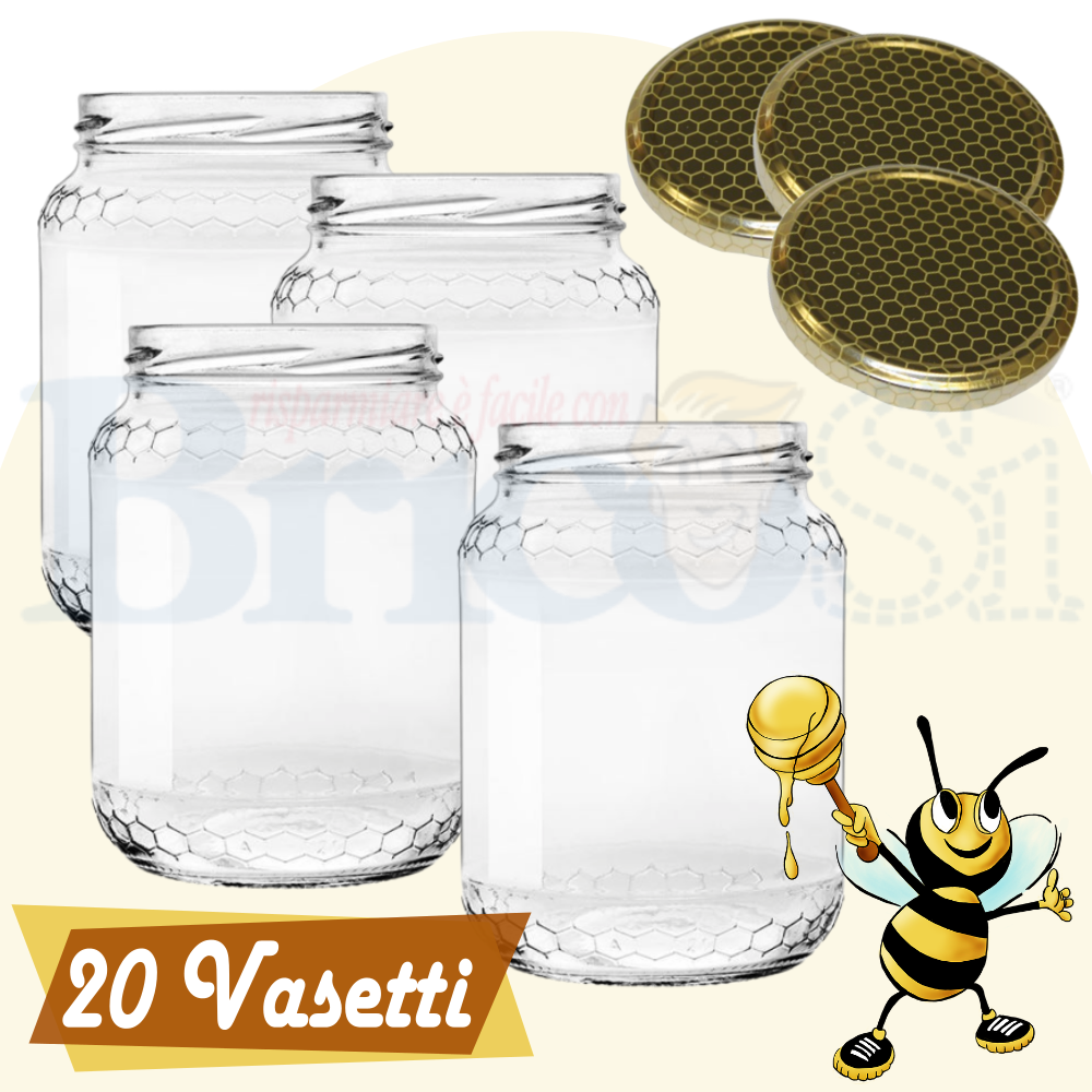 20 Barattoli Vasetti In Vetro Per Miele Marmellate Conserve Da 390 Ml Con Tappo Ebay